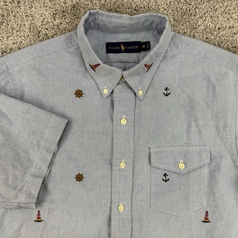 Ralph Lauren Oxford Shirt Men's M Blue Short Sleeve OCBD Nautical Sailing AOP